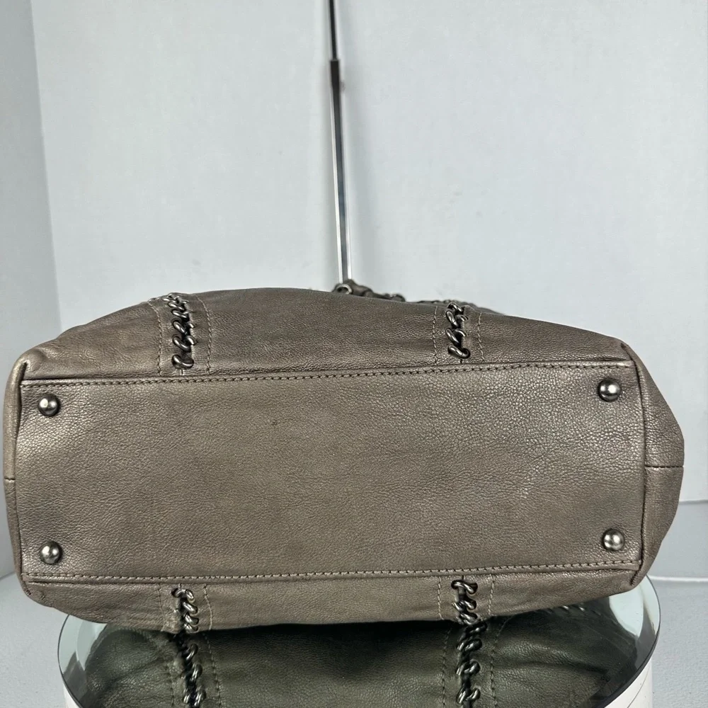 Chanel Metallic Silver Chain-Trim Leather Tote